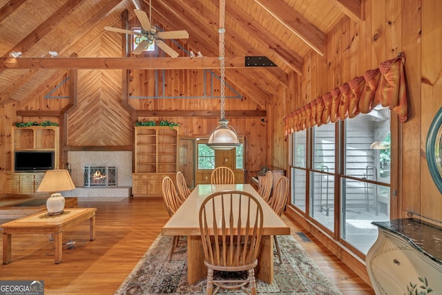 dining area with beamed ceiling, high vaulted ceiling, light wood-type flooring, and wooden walls