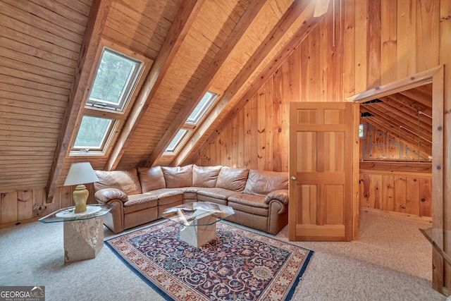 carpeted living room featuring wood ceiling, wooden walls, and vaulted ceiling with skylight