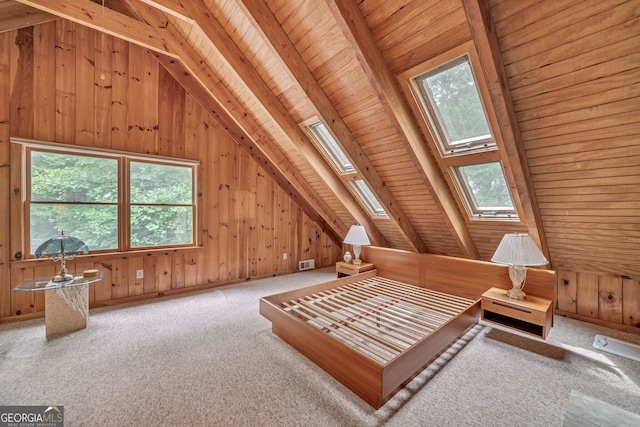 additional living space featuring carpet flooring, wood walls, and wood ceiling