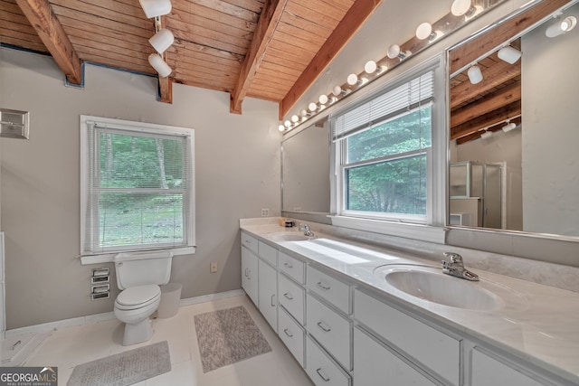 bathroom featuring wooden ceiling, tile patterned flooring, beamed ceiling, a shower with door, and vanity