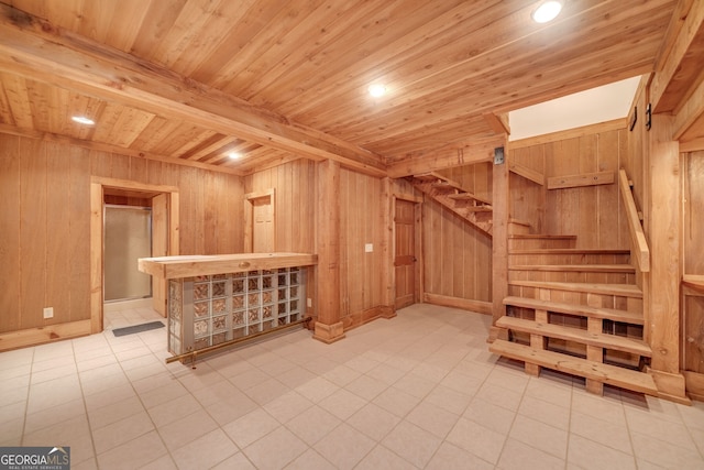 interior space featuring wood ceiling and wood walls