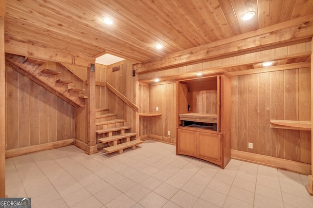 interior space with wood ceiling and wooden walls