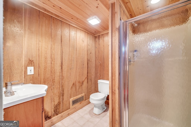 bathroom featuring wooden walls, vanity, wood ceiling, and walk in shower