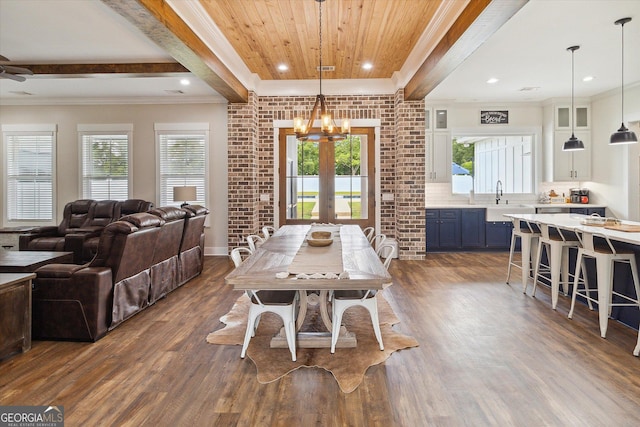 2879 Lakeview Rd, Statesboro, GA 30461 - dining room featuring beam ceiling, dark wood finished floors, plenty of natural light, a chandelier, and recessed lighting