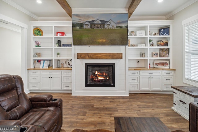 2879 Lakeview Rd, Statesboro, GA 30461 - living room featuring ornamental molding, dark wood-style floors, a fireplace, plenty of natural light, and recessed lighting