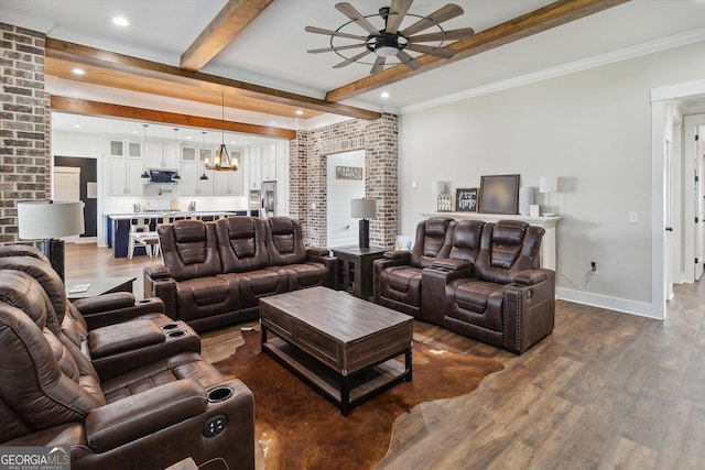 2879 Lakeview Rd, Statesboro, GA 30461 - living area featuring a ceiling fan, dark wood-type flooring, beam ceiling, a chandelier, and recessed lighting