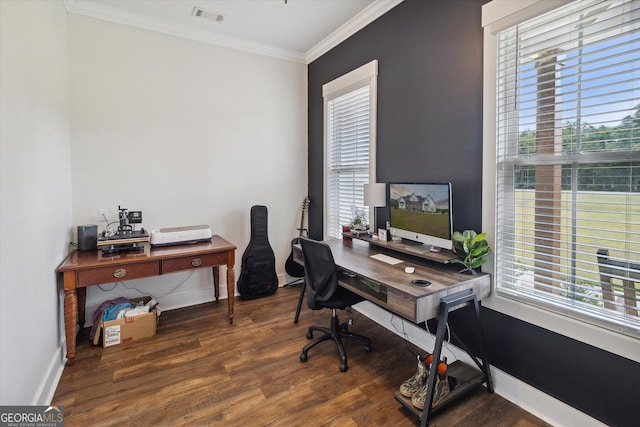 2879 Lakeview Rd, Statesboro, GA 30461 - office area with wood finished floors, crown molding, and baseboards