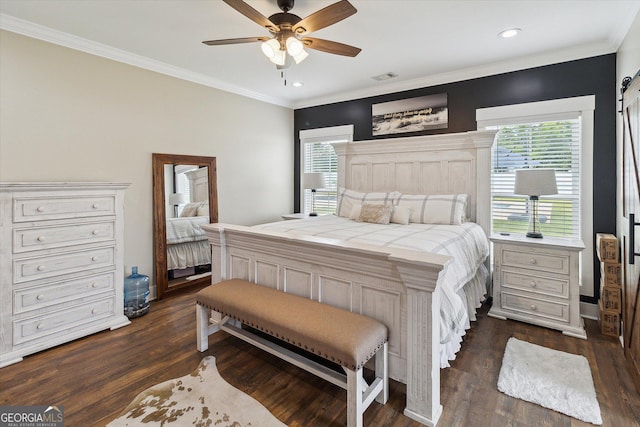 2879 Lakeview Rd, Statesboro, GA 30461 - bedroom featuring dark wood-type flooring, ornamental molding, recessed lighting, and a ceiling fan