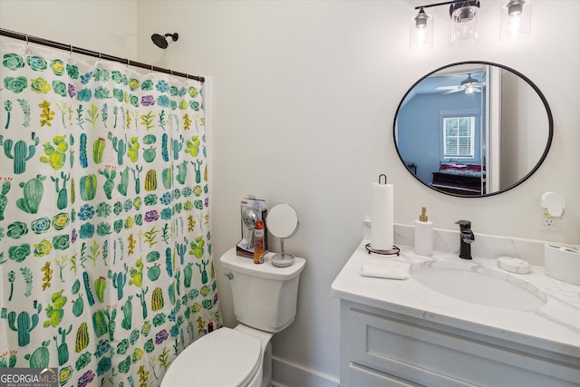2879 Lakeview Rd, Statesboro, GA 30461 - full bathroom featuring vanity, a ceiling fan, toilet, and curtained shower