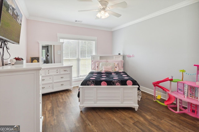 2879 Lakeview Rd, Statesboro, GA 30461 - bedroom with dark wood finished floors, ornamental molding, a ceiling fan, and baseboards
