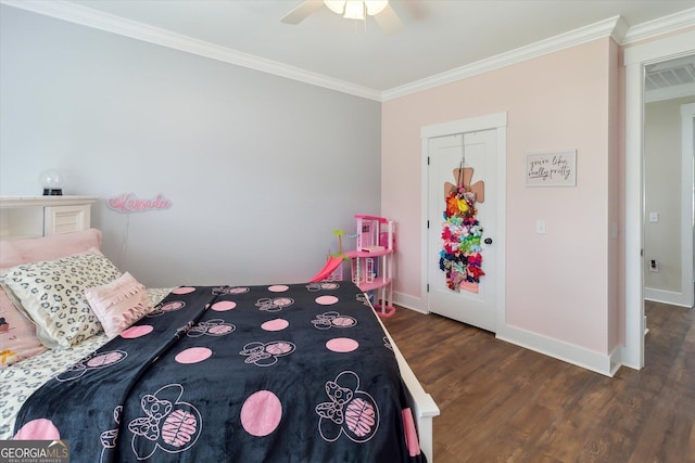 2879 Lakeview Rd, Statesboro, GA 30461 - bedroom with ornamental molding, wood finished floors, baseboards, and a ceiling fan