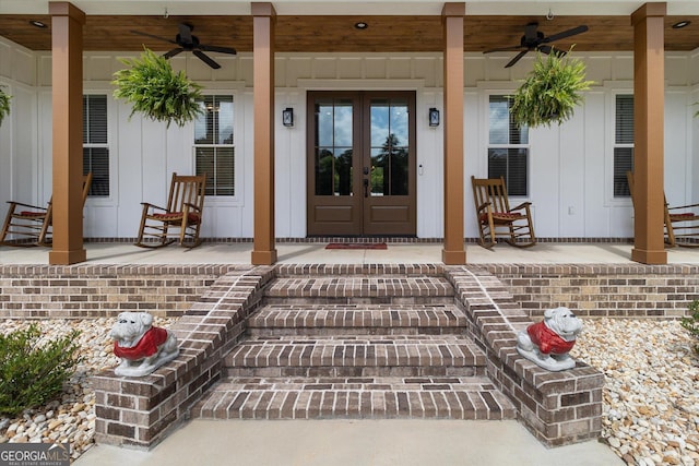 2879 Lakeview Rd, Statesboro, GA 30461 - view of exterior entry featuring ceiling fan, french doors, and a porch