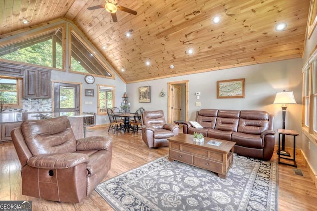 living area featuring high vaulted ceiling, light wood finished floors, wood ceiling, and baseboards