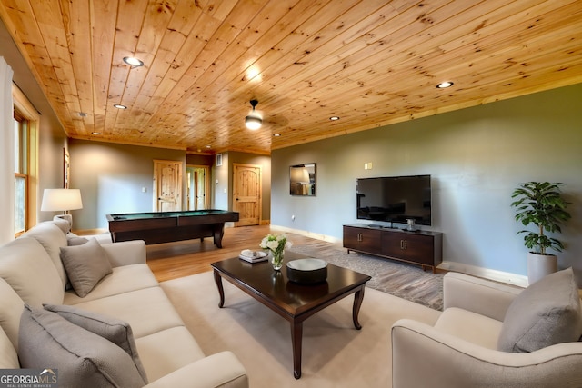 living room with light wood-type flooring, billiards, and wooden ceiling