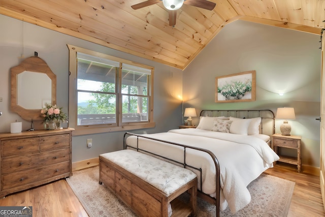 bedroom featuring wooden ceiling, vaulted ceiling, baseboards, and wood finished floors