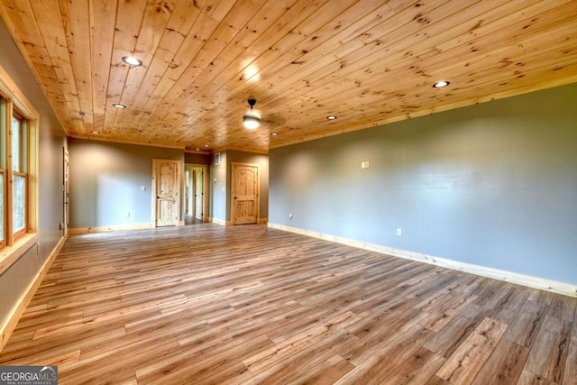 unfurnished room with wood ceiling, baseboards, wood finished floors, and recessed lighting