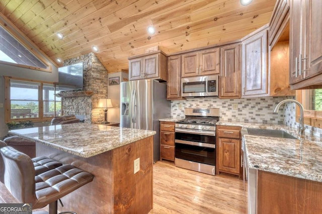 kitchen featuring stainless steel appliances, tasteful backsplash, brown cabinetry, wood ceiling, and a sink