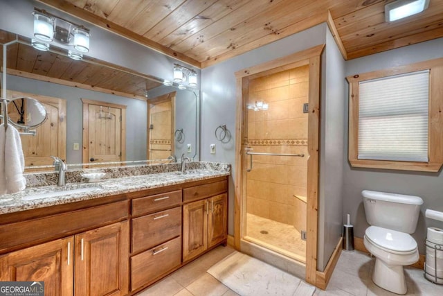 full bathroom with wooden ceiling, a stall shower, a sink, and tile patterned floors