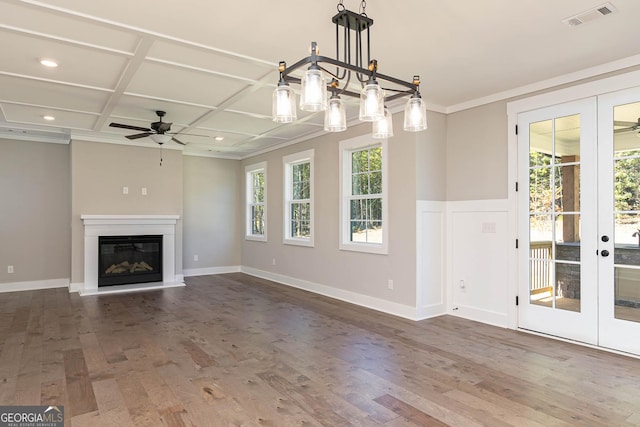 unfurnished living room with french doors, ceiling fan, coffered ceiling, and wood-type flooring