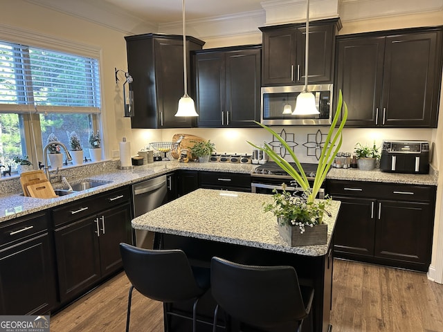 kitchen with hanging light fixtures, sink, a kitchen bar, light hardwood / wood-style floors, and stainless steel appliances