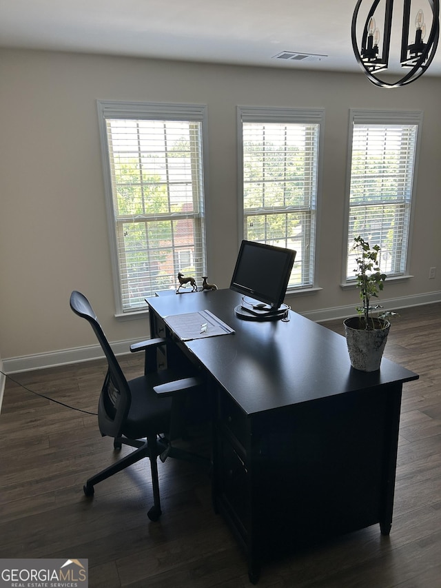 home office featuring dark hardwood / wood-style floors