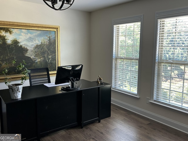 office with dark hardwood / wood-style floors