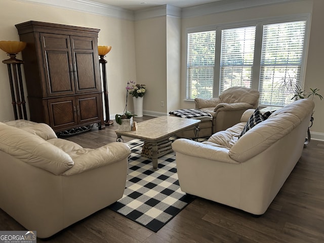 living room with dark wood-type flooring and ornamental molding