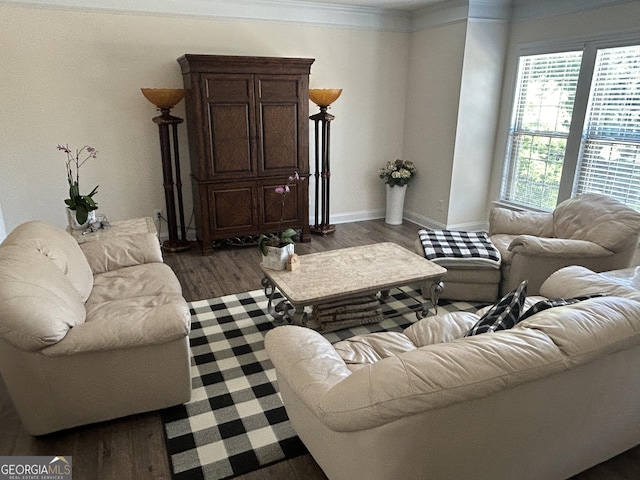 living room with dark wood-type flooring and crown molding