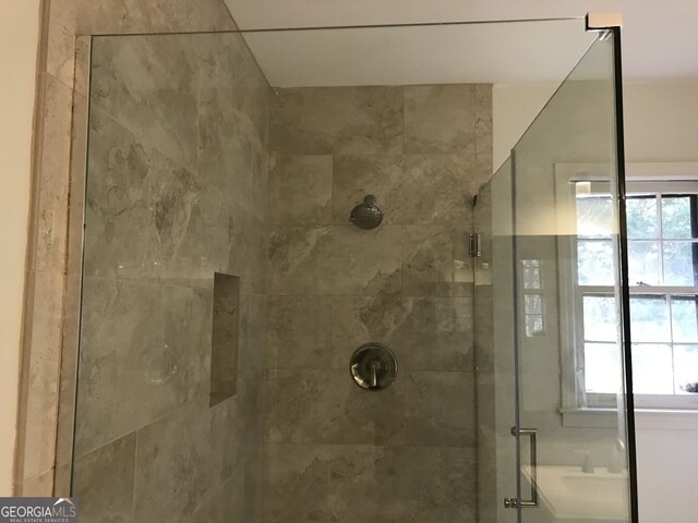 interior space with a shower with shower door