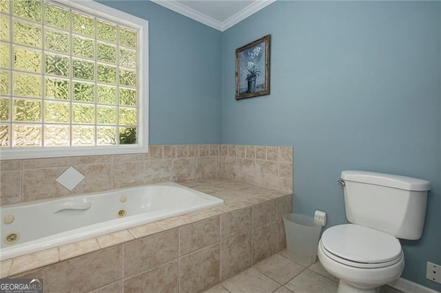 bathroom featuring toilet, a relaxing tiled tub, tile patterned floors, and crown molding