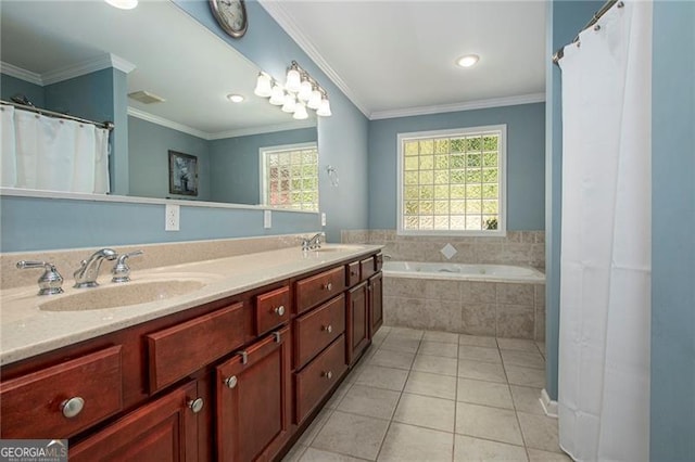 bathroom with tile patterned flooring, vanity, ornamental molding, and tiled bath