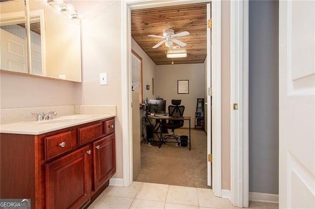 bathroom with tile patterned flooring, vanity, ceiling fan, and wood ceiling