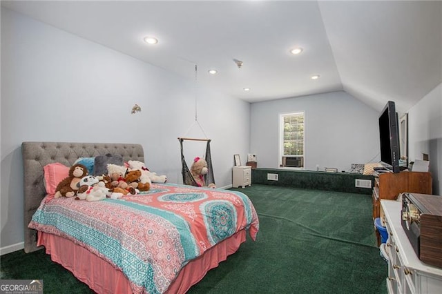 carpeted bedroom featuring vaulted ceiling