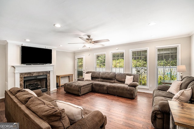 living room with ceiling fan, a fireplace, dark hardwood / wood-style floors, and ornamental molding