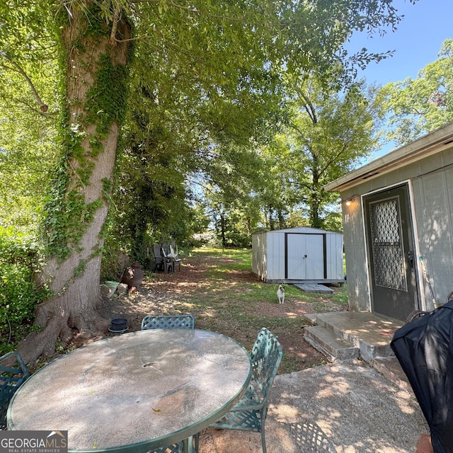 view of yard featuring a storage unit