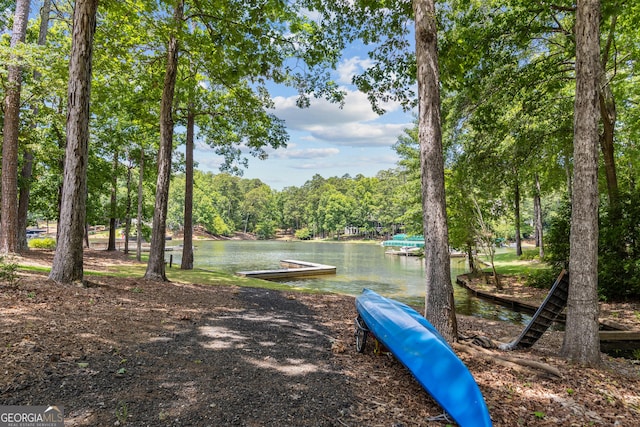 surrounding community with a water view and a dock