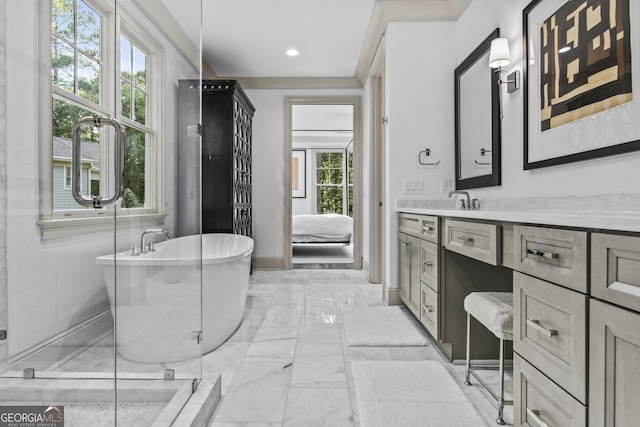 bathroom with shower with separate bathtub, vanity, and a wealth of natural light