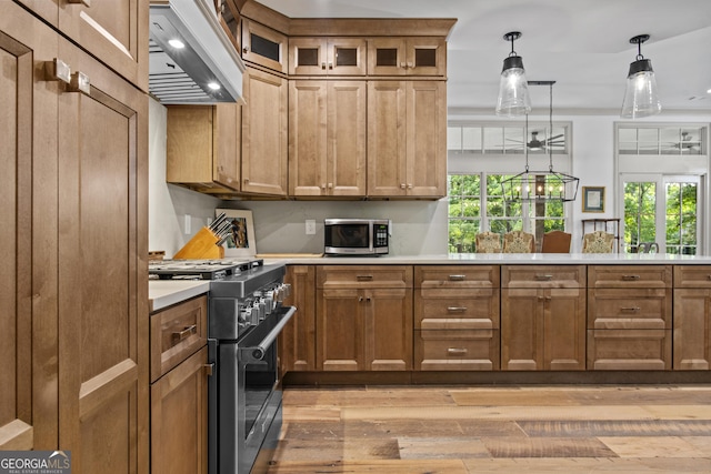 kitchen with light wood-type flooring, custom range hood, hanging light fixtures, and appliances with stainless steel finishes