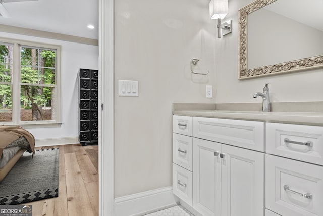 bathroom with vanity and wood-type flooring