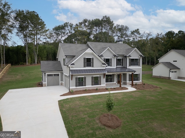 craftsman-style home with a front lawn, covered porch, and a garage