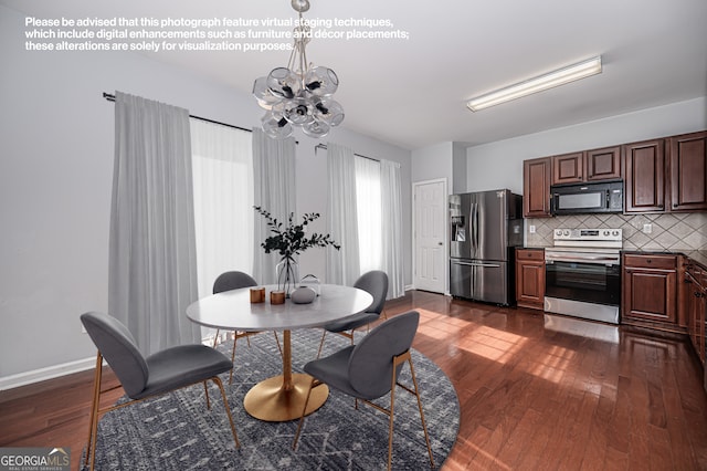 interior space with an inviting chandelier, dark hardwood / wood-style floors, stainless steel appliances, and tasteful backsplash