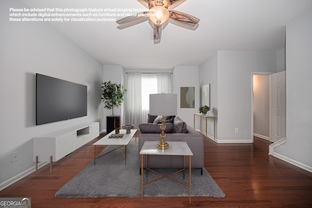 living room with ceiling fan and dark hardwood / wood-style floors