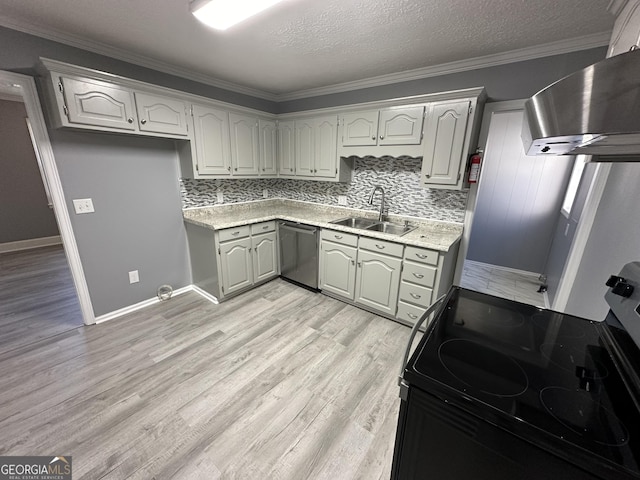 kitchen with sink, stainless steel dishwasher, range hood, black / electric stove, and decorative backsplash