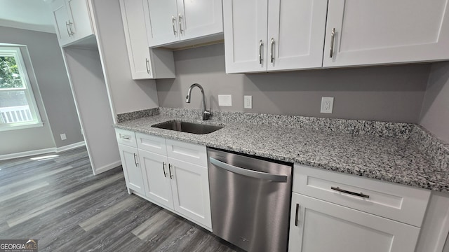 5124 Smoke Rise Dr, Macon, GA 31210 - kitchen with dishwasher, white cabinetry, dark wood finished floors, and light stone counters