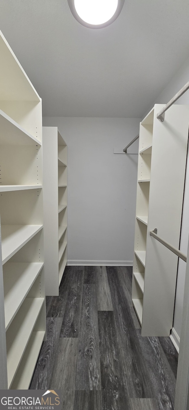 walk in closet with dark wood-style flooring