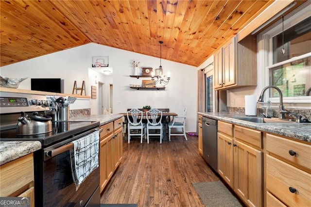 kitchen featuring appliances with stainless steel finishes, wood ceiling, vaulted ceiling, sink, and decorative light fixtures