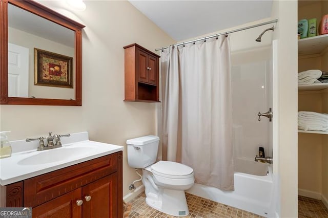 full bathroom with vanity, shower / bathtub combination with curtain, and toilet