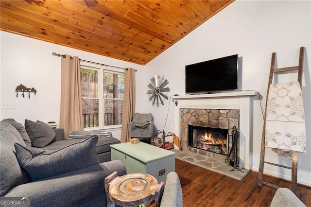 living room with a stone fireplace, dark hardwood / wood-style floors, wood ceiling, and lofted ceiling