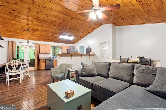 living room featuring dark hardwood / wood-style floors, wood ceiling, ceiling fan with notable chandelier, and lofted ceiling