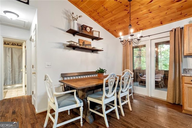 dining area with dark hardwood / wood-style flooring, wooden ceiling, vaulted ceiling, and a notable chandelier